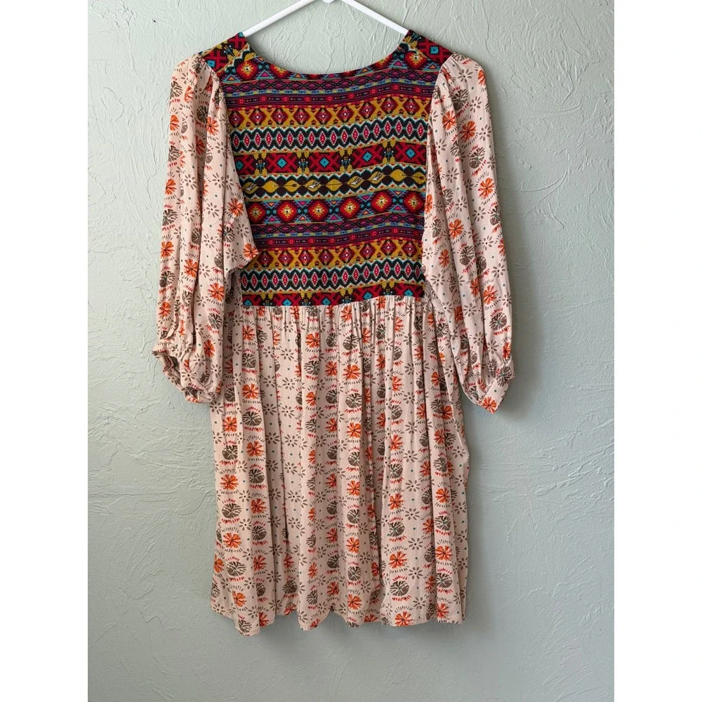 Umgee Boho Mixed Print Babydoll Tunic Dress Womens Pink Geometric M - Picture 2 of 6
